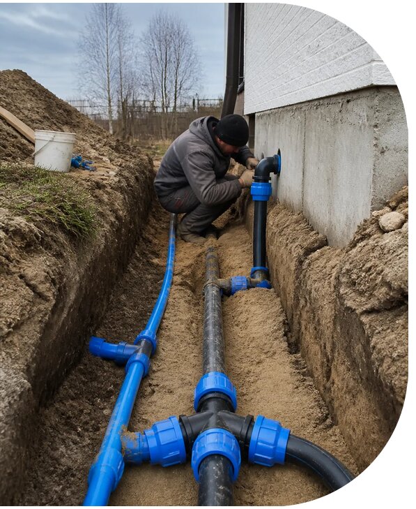 Монтаж наружного водопровода на участке под ключ в Зиме